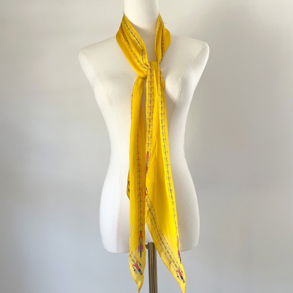 Kenzo Southwestern Long Silk Scarf Vintage Yellow Boho Cowgirl Festival Arrow